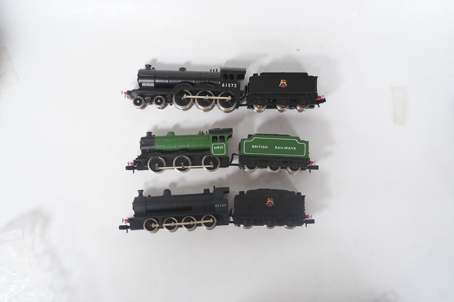 Three boxed Union Mills Models N gauge railway BR locomotives; a Class B12/3, 61572, a Class J39, 64820, and a Class Q2, 63344. Condition - good.
